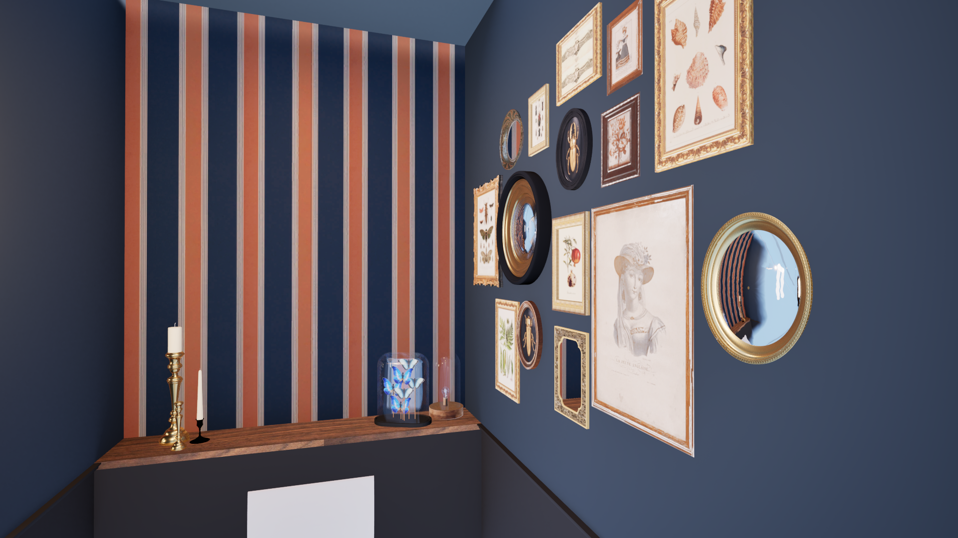 Sanitaires “cabinet de curiosités” bleu nuit, papier peint rayé bleu/orange, vasque blanche céramique et zelliges oranges — Projet Italie 2, architecture d'intérieur Rennes