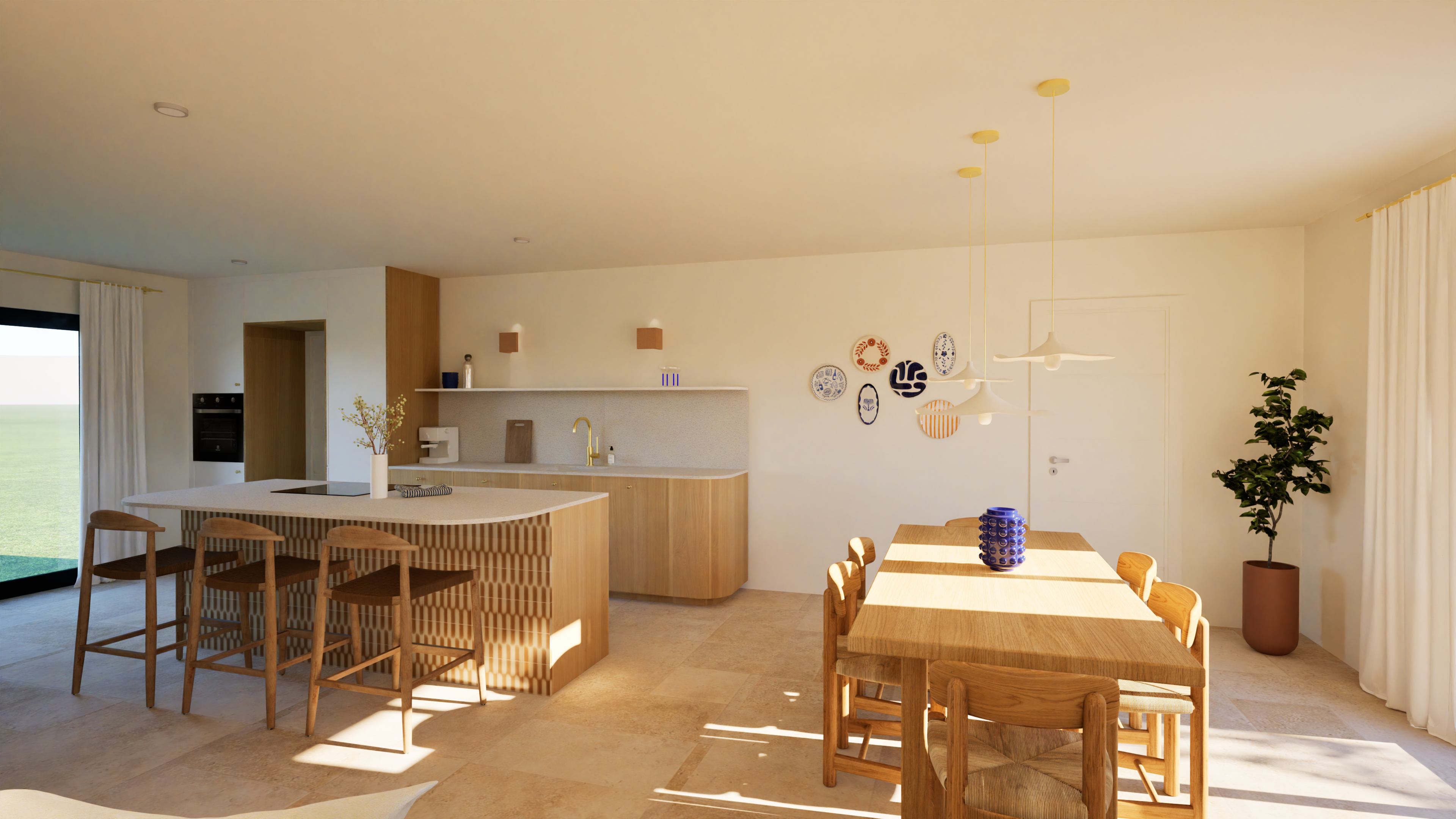 Séjour agencé avec cuisine ouverte avec façades bois, plan de travail silestone, ilôt central et chaises bar rotin — Projet Lodi, architecture d’intérieur à Rennes