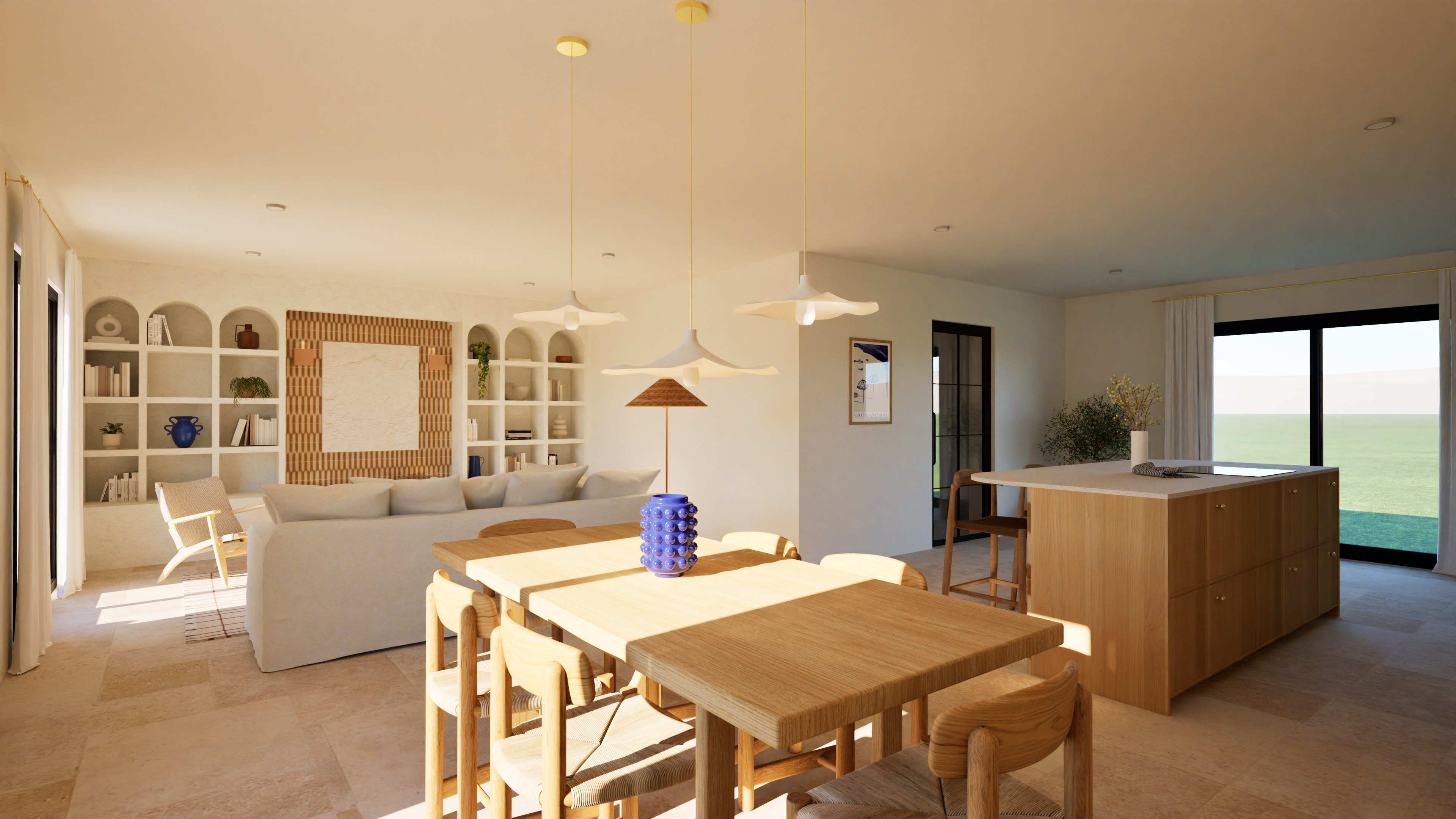 Séjour avec table en bois, suspensions papier en accumulation, éléments de déco bleu et ocre — Projet Lodi, architecture d’intérieur Rennes