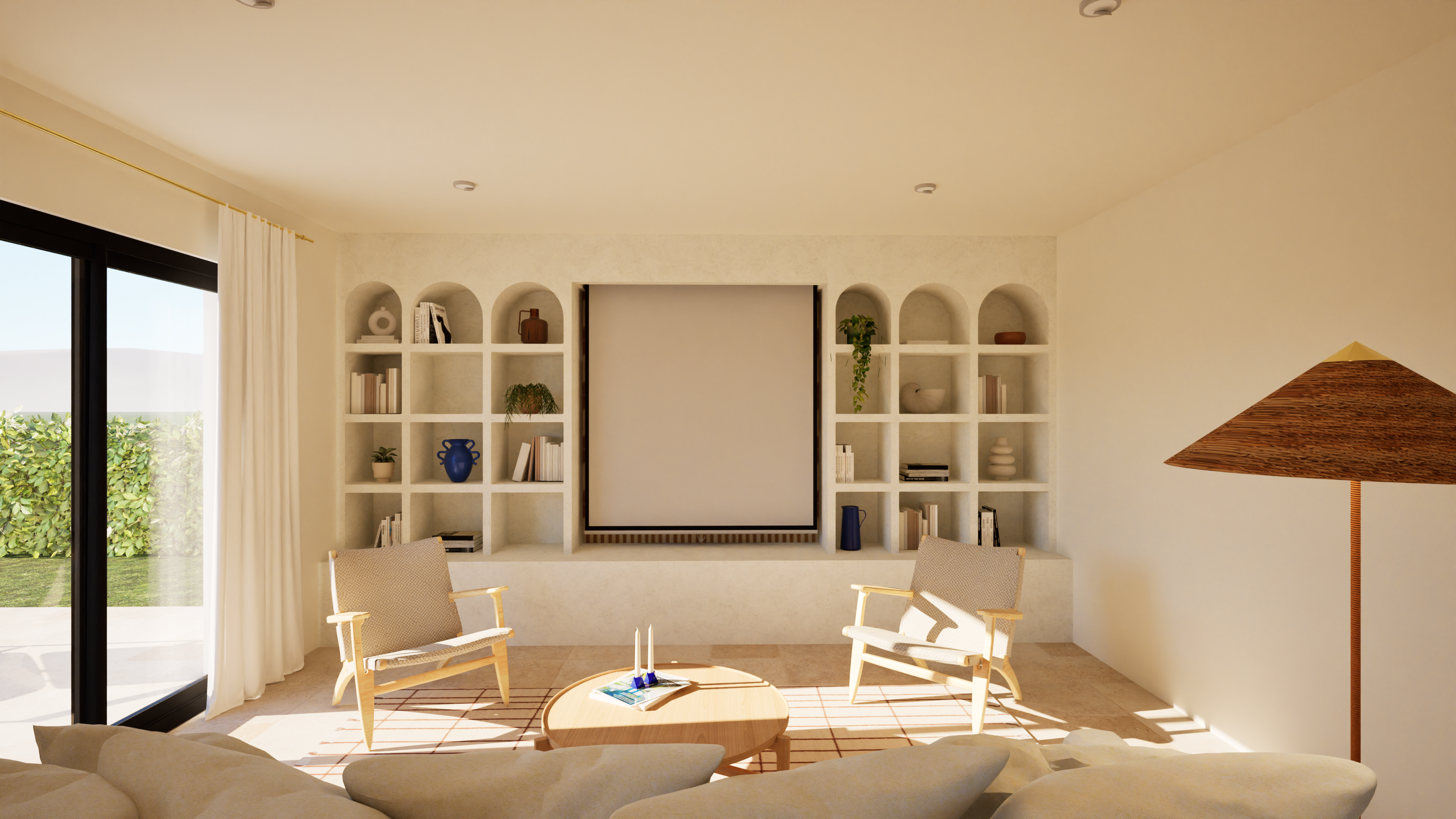 Bibliothèque sur-mesure avec écran de projection home cinéma caché — Projet Lodi