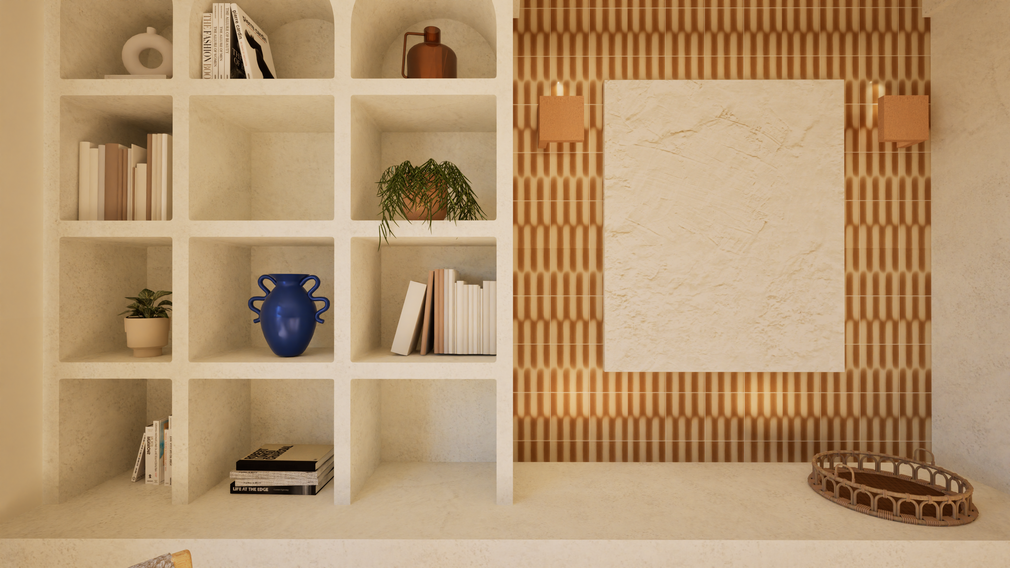 Détail de bibliothèque avec niches mêlant enduit texturé, carrelage rétro ocre, et décoration affirmée — Projet Lodi