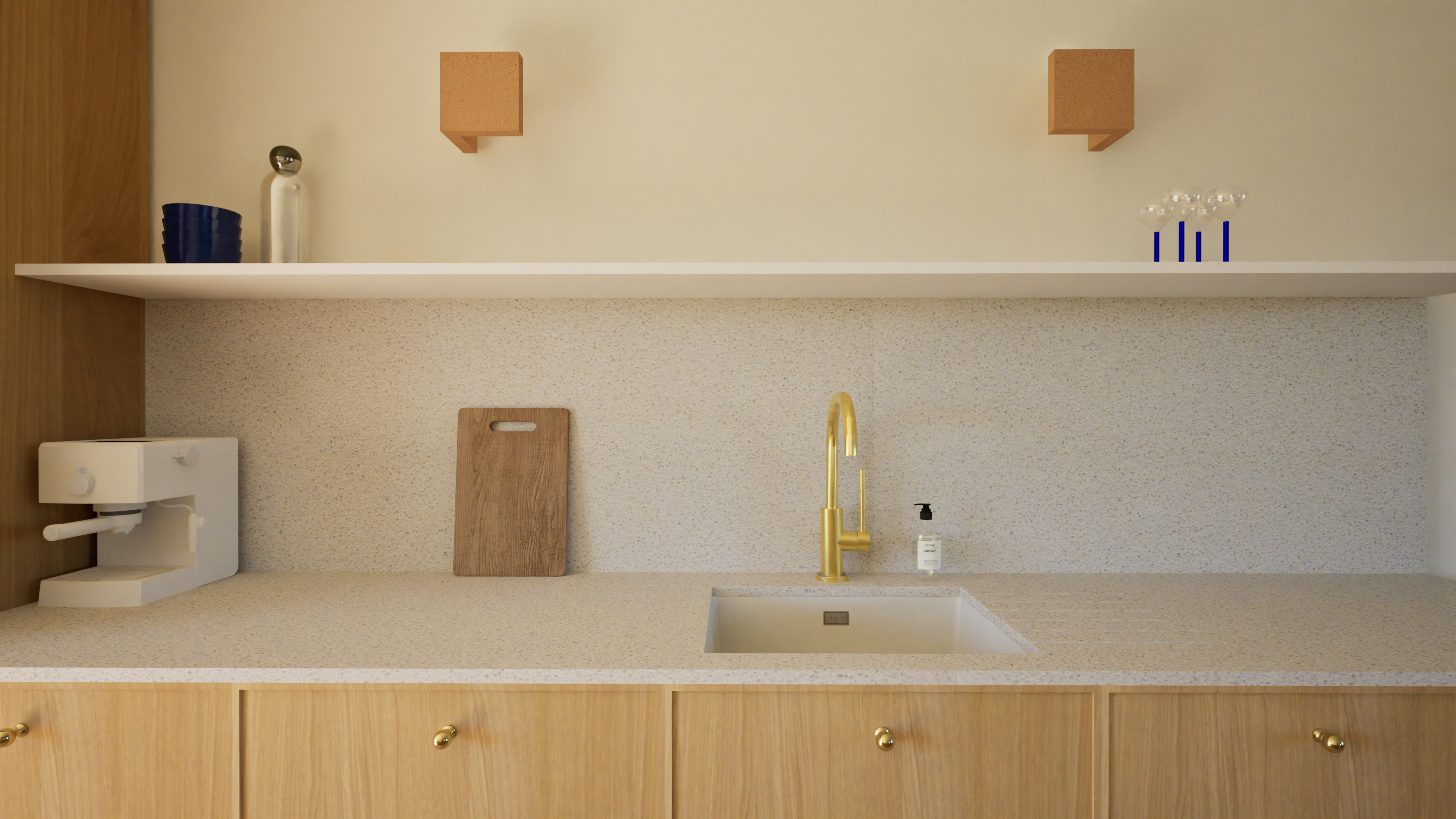 Zoom cuisine beige avec silestone, appliques en terre cuite, robinetterie dorée — Projet Lodi, architecture d'intérieur à Rennes