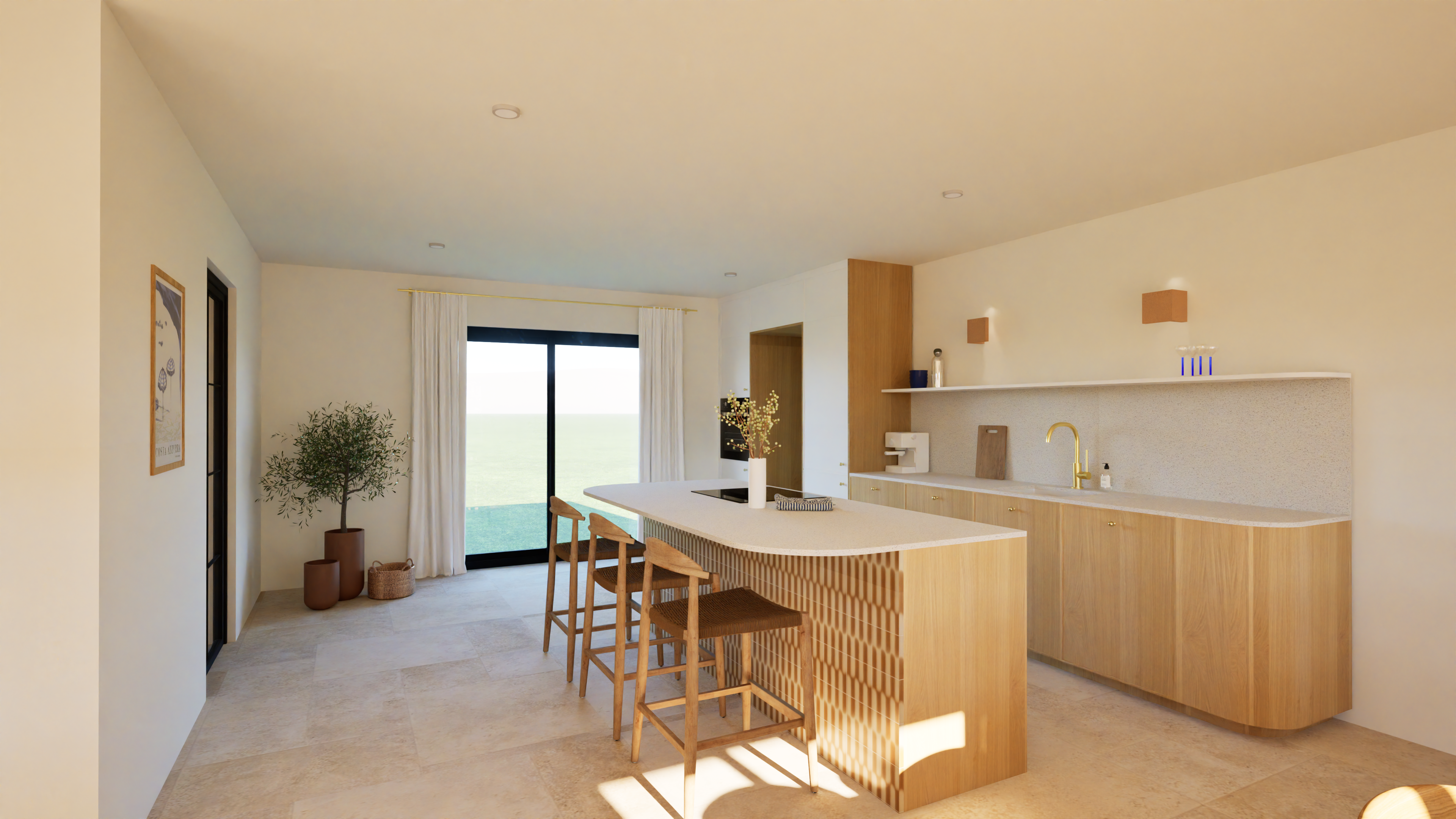 Cuisine méditerranéenne avec îlot central en bois clair, sol en travertin— Projet Lodi