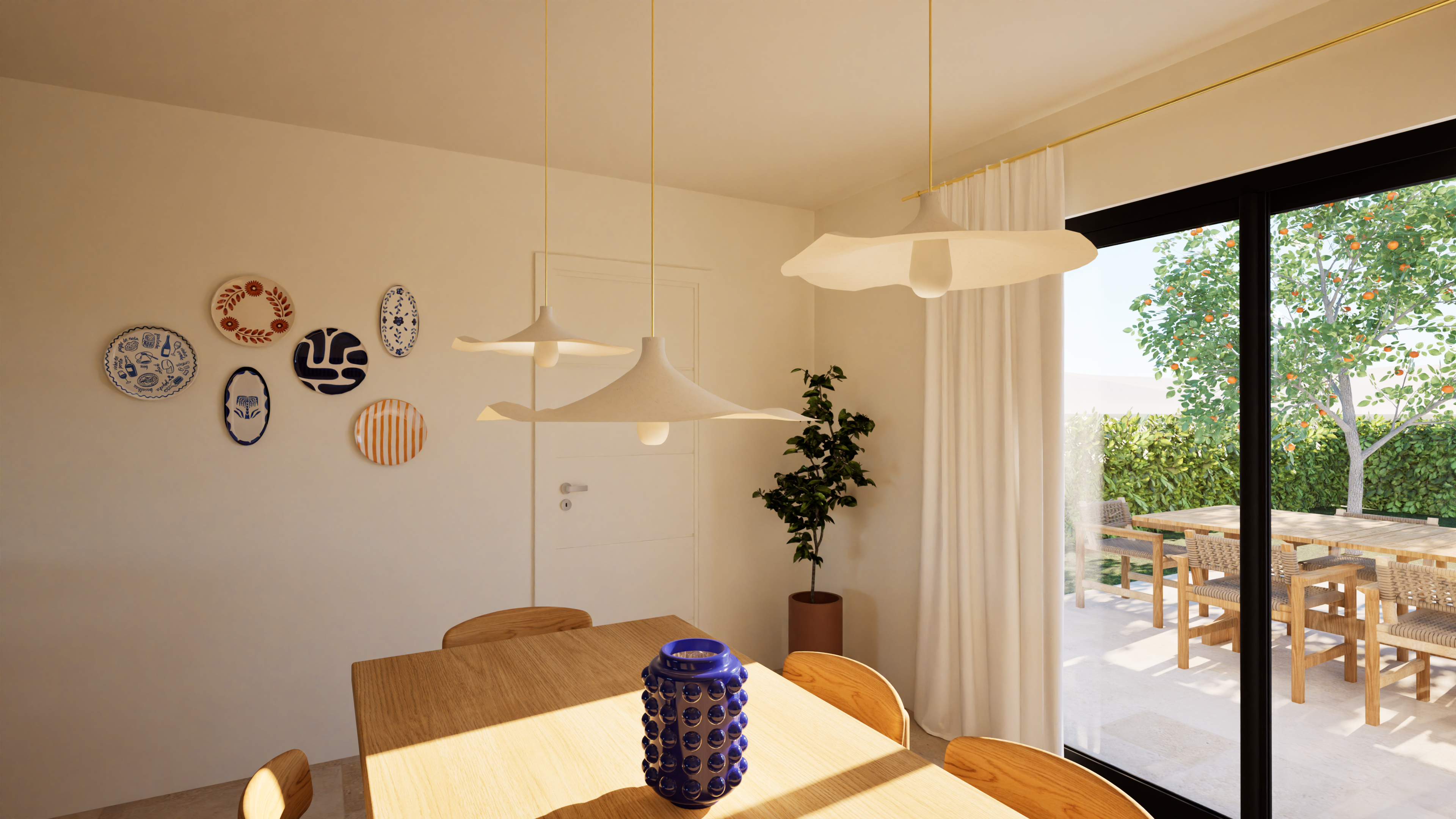Décoration d'un séjour avec table en bois, décoration murale colorée — Projet Lodi, architecture d’intérieur Rennes