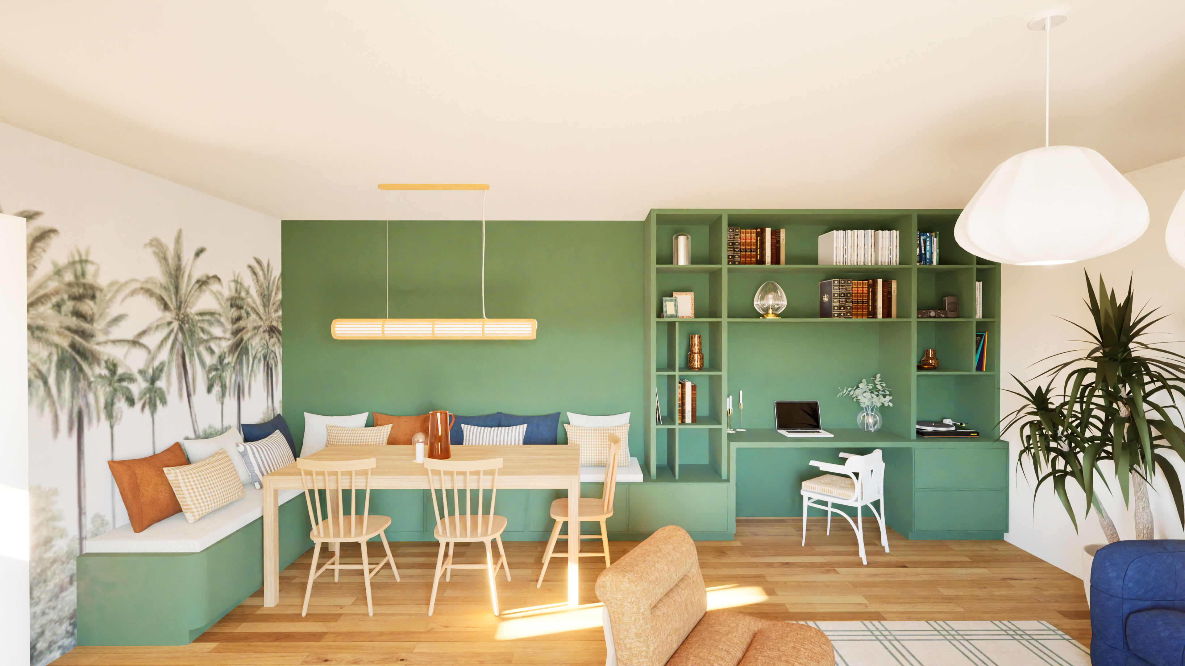 Agencement repas bibliothèque bureau avec table et chaises en bois. Couleur verte profond — Projet Orée
