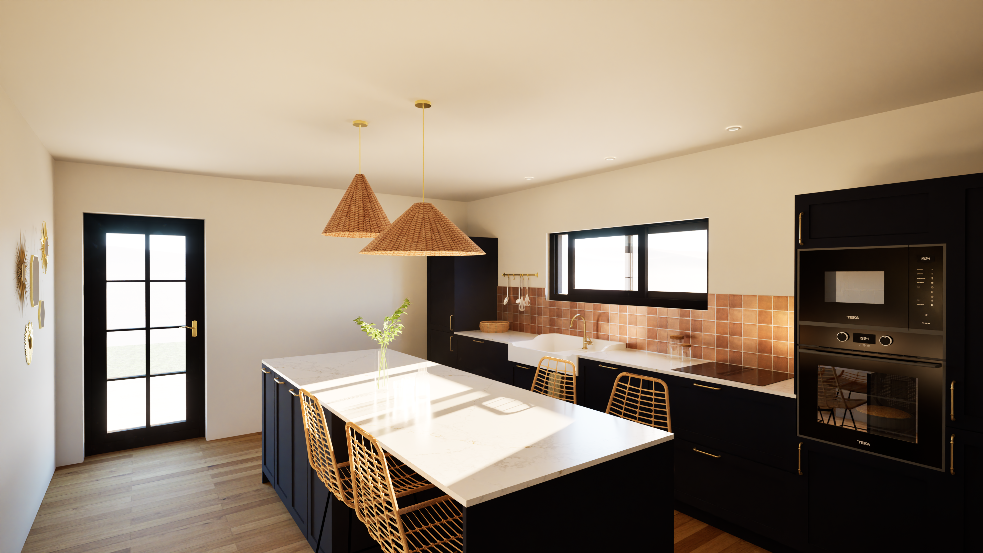 Rénovation de cuisine, style cottage, faience en terre cuite, plan de travail Silestone, mobilier et suspensions rotin, rénovation de cuisine — Projet Orée