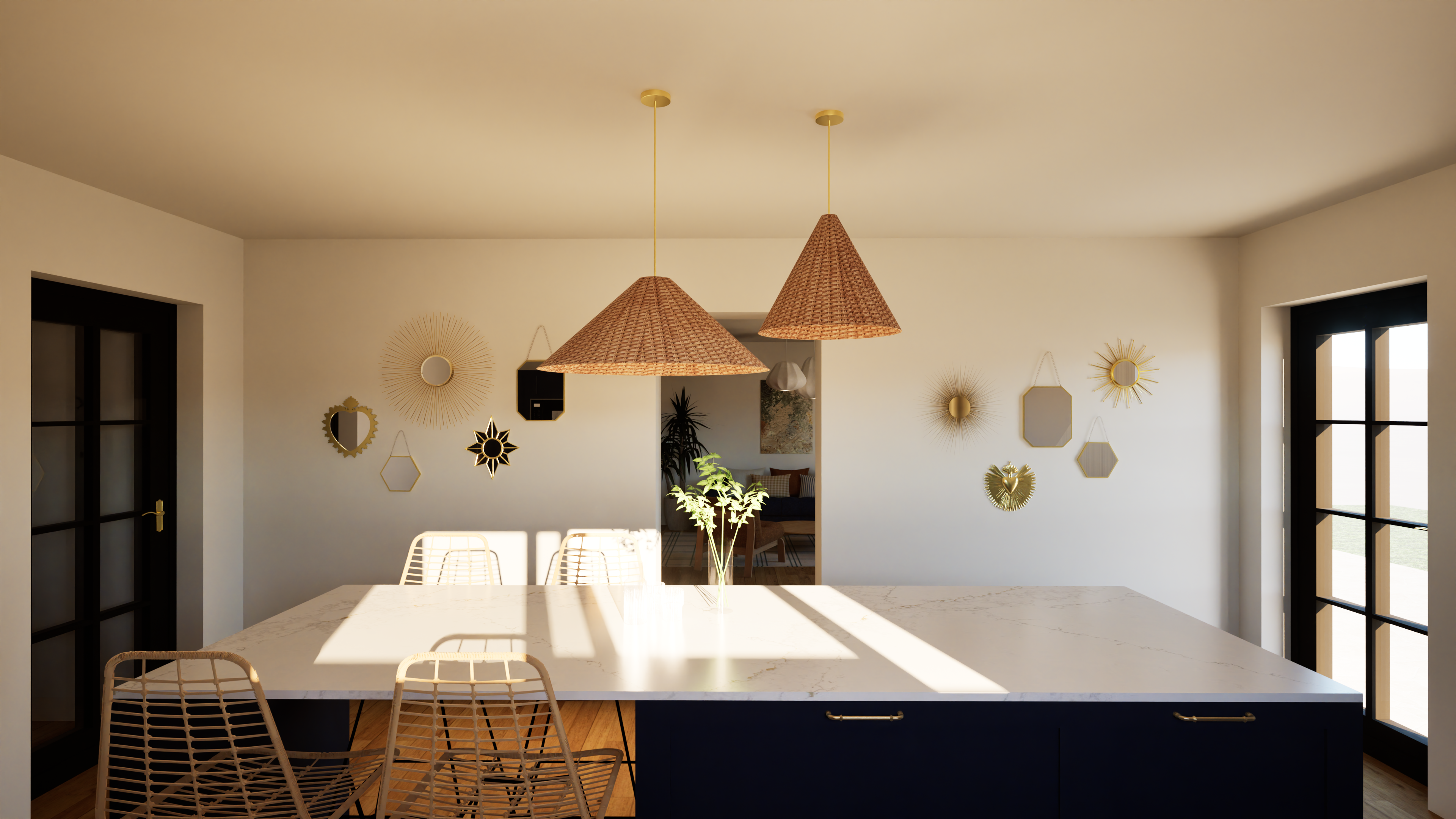 Décoration cottage d'une cuisine, suspensions en rotin, décorations murales et poignées laiton — Projet Orée