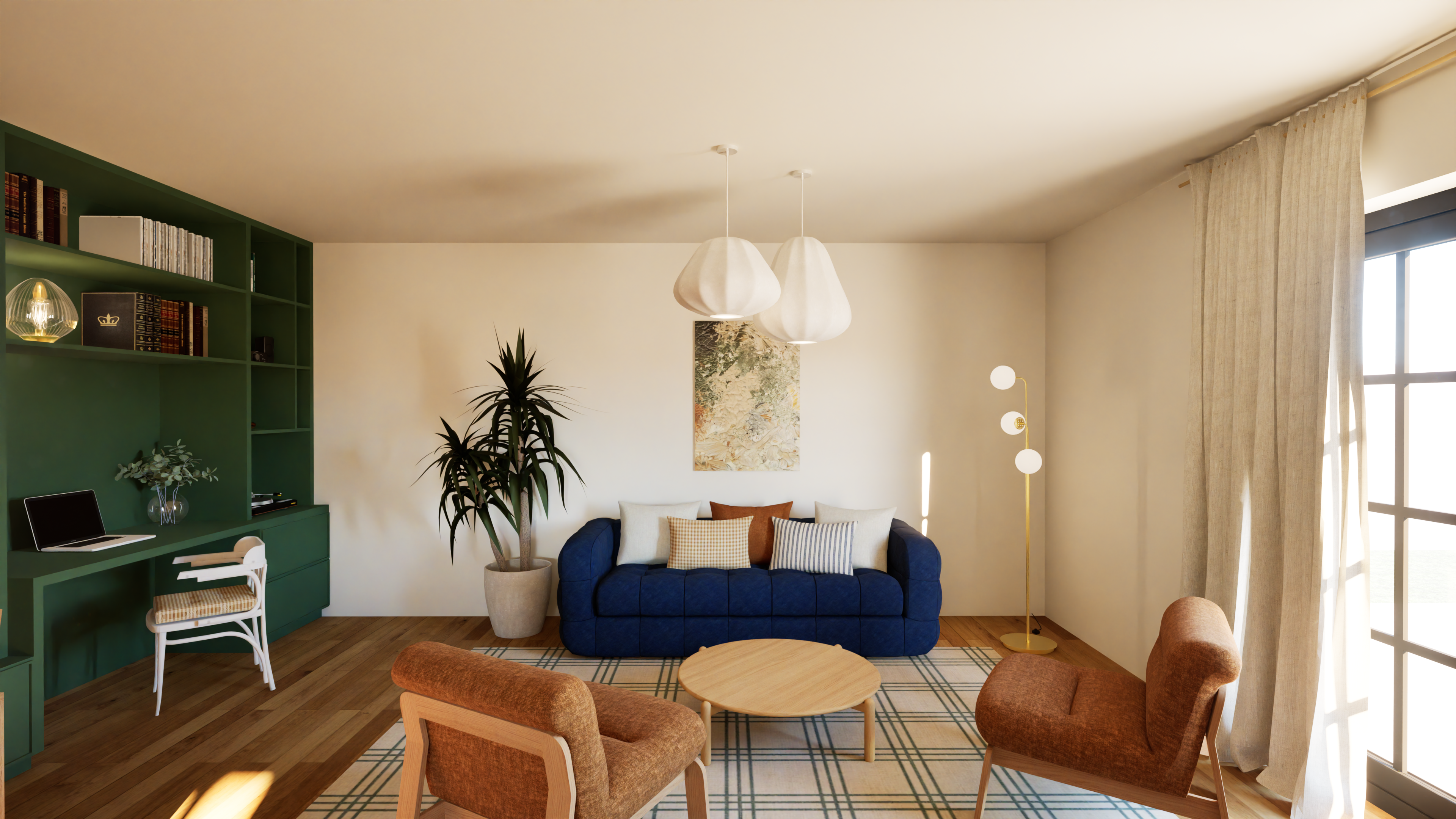 Salon organique bleu, mobilier lignes arrondies — Projet Orée