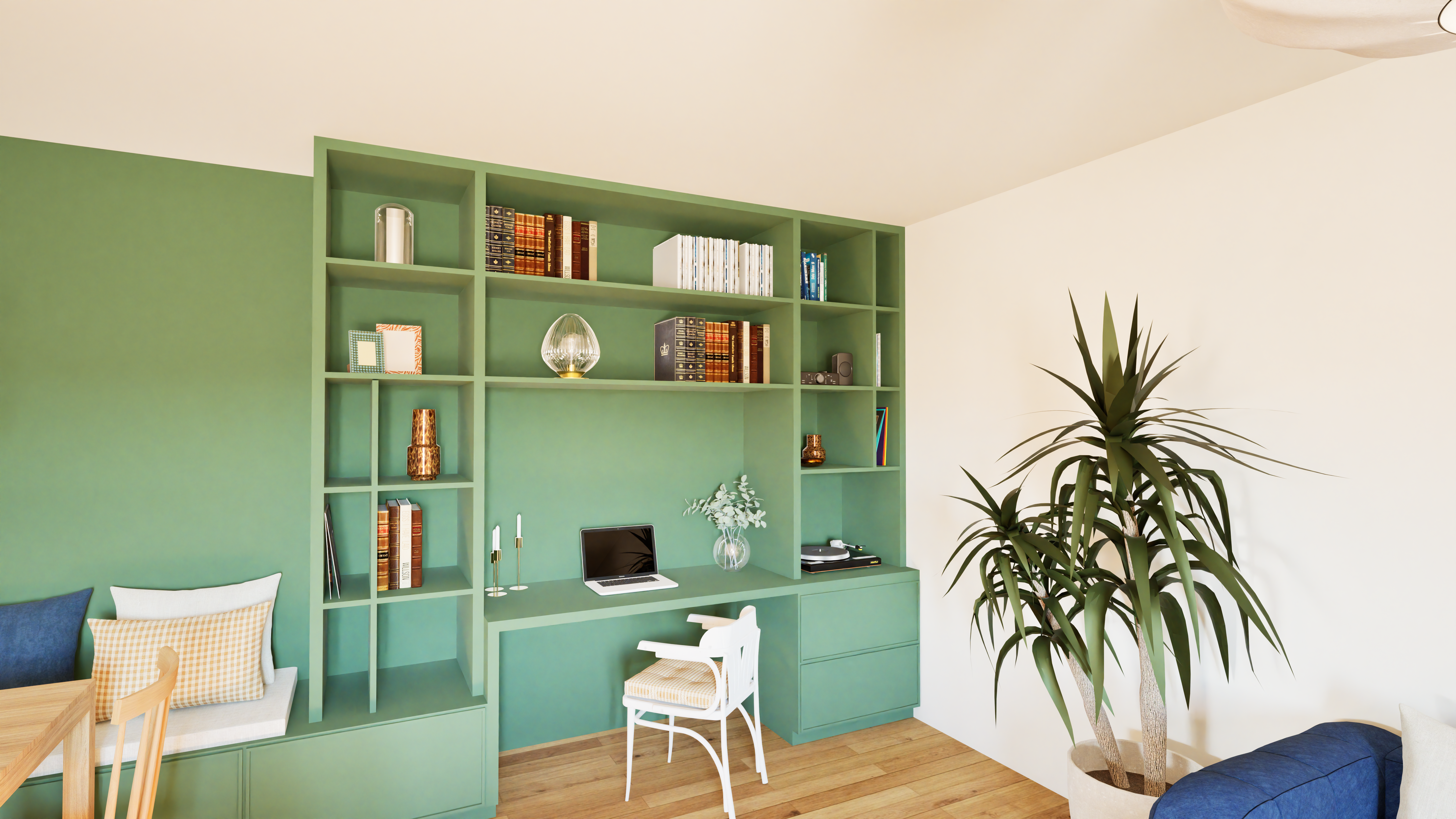 Bibliothèque, agencement sur mesure, vert profond, ambiance vintage — Projet Orée